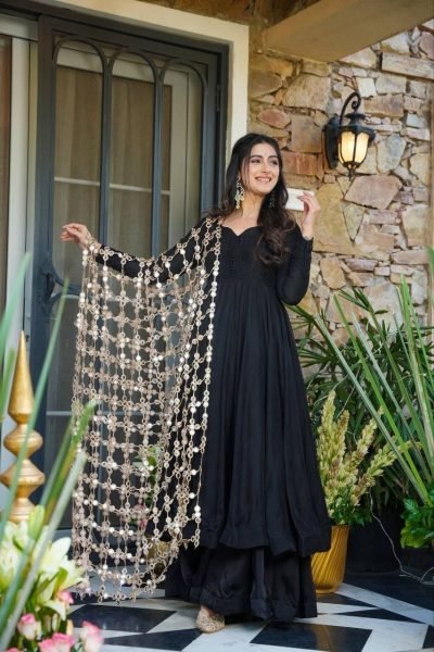 Affordable Black Anarkali Suit with Viral Mirror Work Dupatta for Festive Wear Ready To Wear Collection