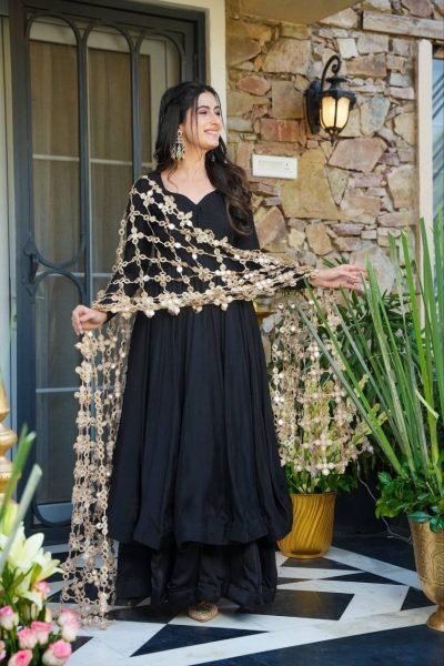 Affordable Black Anarkali Suit with Viral Mirror Work Dupatta for Festive Wear Ready To Wear Collection