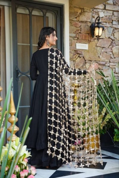 Affordable Black Anarkali Suit with Viral Mirror Work Dupatta for Festive Wear Ready To Wear Collection