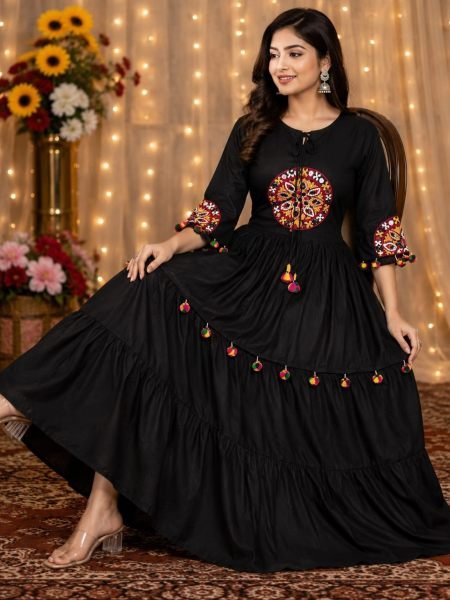 Affordable Black Designer Dholida Navratri Rayon 2 Piece Set with Gamthi Work and Lace Border 