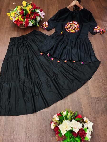 Affordable Black Designer Dholida Navratri Rayon 2 Piece Set with Gamthi Work and Lace Border Navratri Lehnega Choli