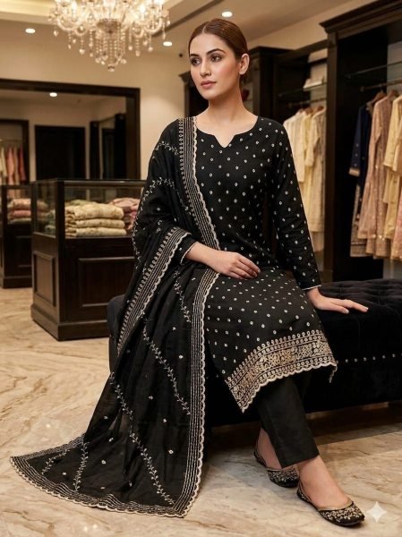 Affordable Black Dress Material with Embroidery and Sequins Work Full Set Dress Material