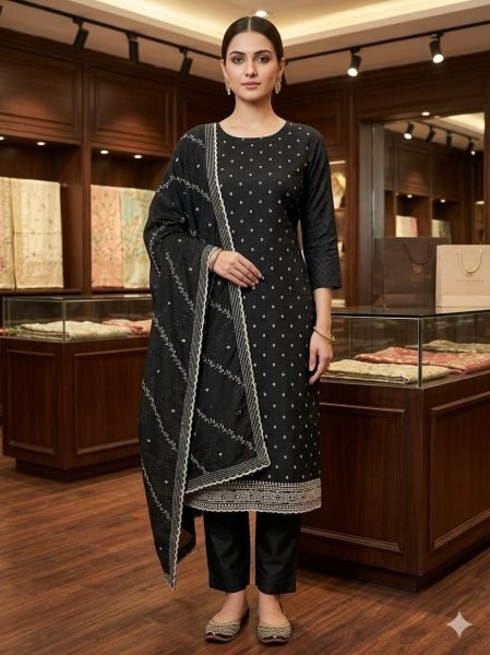 Affordable Black Dress Material with Embroidery and Sequins Work Full Set Dress Material