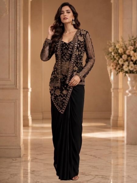 Affordable Black Imported Lycra Saree with Beads Work Designer Jacket at Manufacturer Rate 