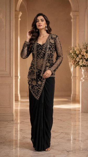 Affordable Black Imported Lycra Saree with Beads Work Designer Jacket at Manufacturer Rate Ready To Wear Saree 
