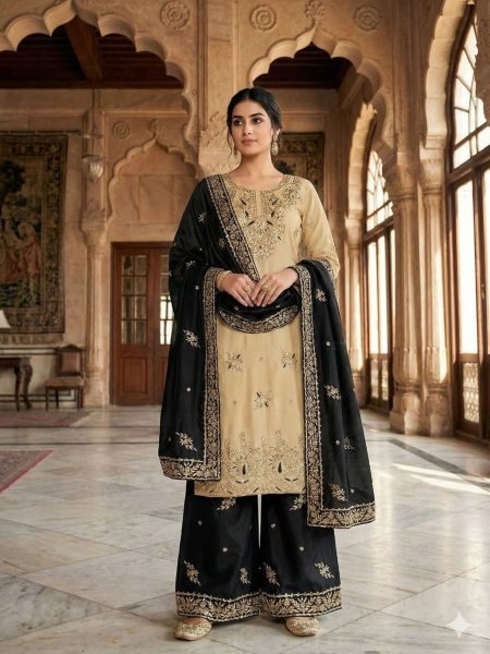 Affordable Black Sequence Embroidered Suit Set with Elegant Palazzo Style Ready To Wear Suit