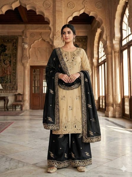 Affordable Black Sequence Embroidered Suit Set with Elegant Palazzo Style Ready To Wear Collection
