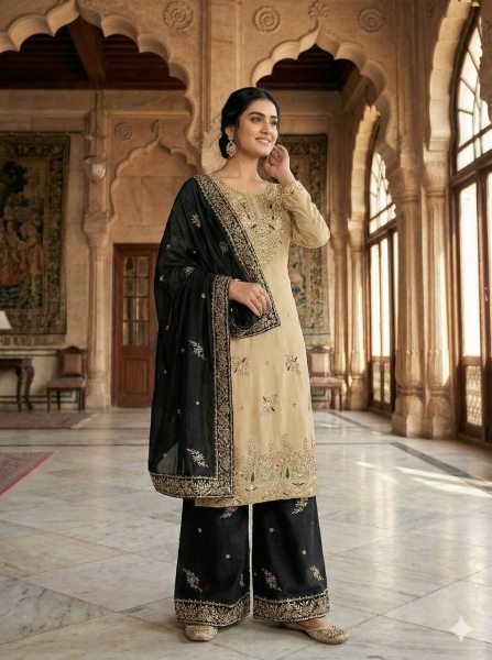 Affordable Black Sequence Embroidered Suit Set with Elegant Palazzo Style Ready To Wear Collection