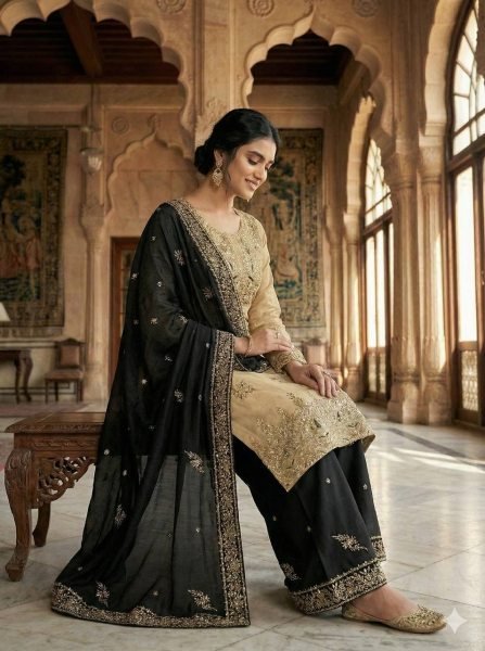 Affordable Black Sequence Embroidered Suit Set with Elegant Palazzo Style Ready To Wear Collection