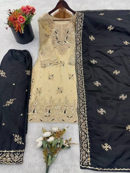 Affordable Black Sequence Embroidered Suit Set with Elegant Palazzo Style Ready To Wear Collection