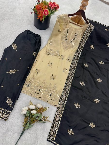 Affordable Black Sequence Embroidered Suit Set with Elegant Palazzo Style Ready To Wear Collection