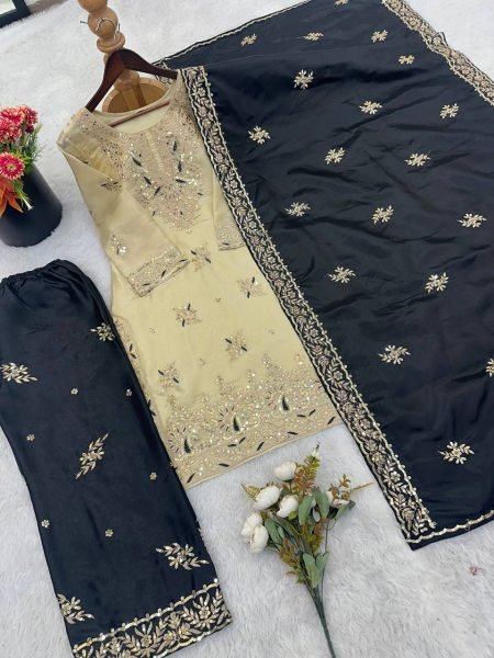 Affordable Black Sequence Embroidered Suit Set with Elegant Palazzo Style Ready To Wear Collection