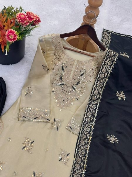 Affordable Black Sequence Embroidered Suit Set with Elegant Palazzo Style Ready To Wear Collection
