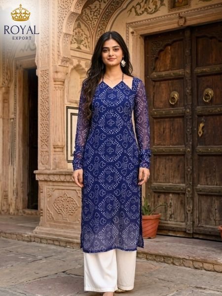 Affordable Blue Georgette Bandhani Printed Long Kurti with Halter Neck at Wholesale Rate  Straight Cut Long Kurtis
