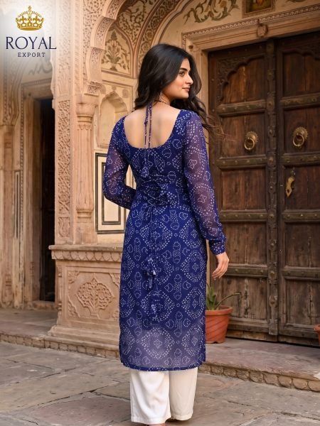 Affordable Blue Georgette Bandhani Printed Long Kurti with Halter Neck at Wholesale Rate  Straight Cut Long Kurtis