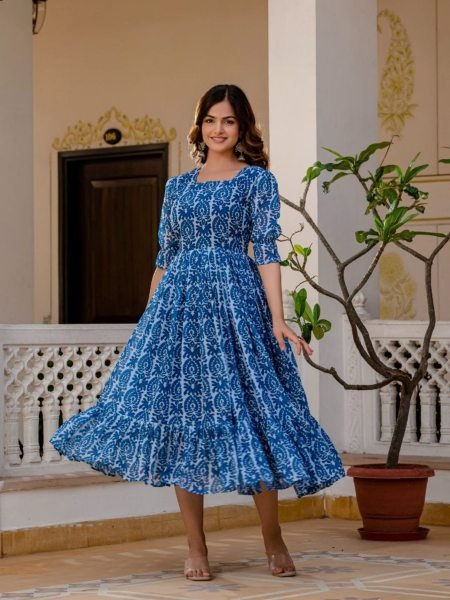 Affordable Blue Georgette Printed Western Gown for Women with Full Inner and 6 Meter Flare Ready to Wear Kurtis