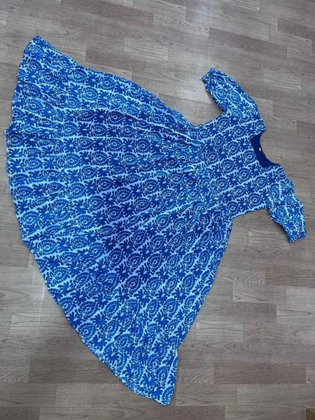 Affordable Blue Georgette Printed Western Gown for Women with Full Inner and 6 Meter Flare Ready to Wear Western Ladies Top Wholesale