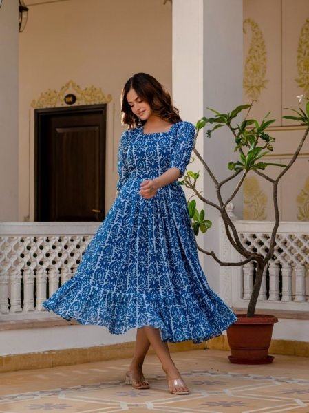 Affordable Blue Georgette Printed Western Gown for Women with Full Inner and 6 Meter Flare Ready to Wear Western Ladies Top Wholesale