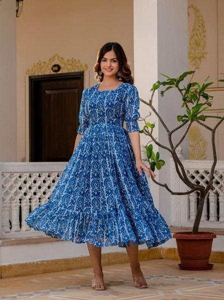 Affordable Blue Georgette Printed Western Gown for Women with Full Inner and 6 Meter Flare Ready to Wear Western Ladies Top Wholesale