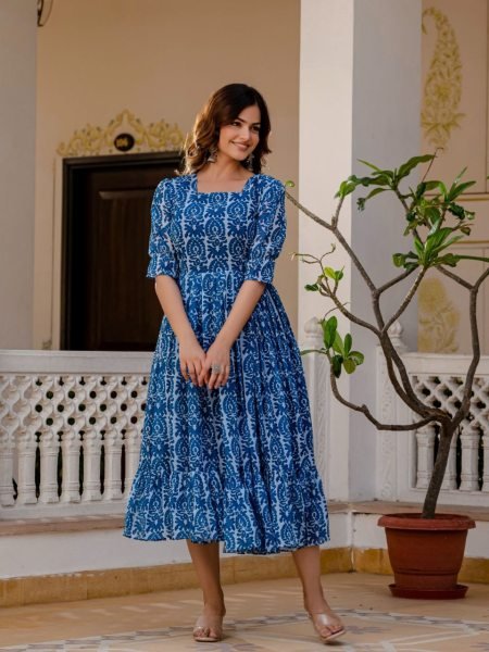Affordable Blue Georgette Printed Western Gown for Women with Full Inner and 6 Meter Flare Ready to Wear Western Ladies Top Wholesale