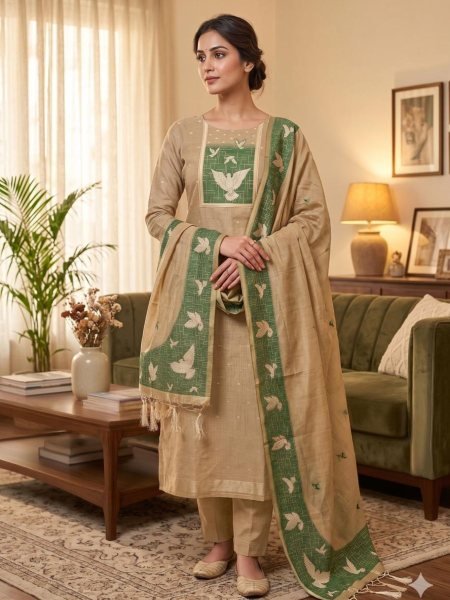 Affordable Cream Jamdani Salwar Suit with Muga Cotton Dupatta at Wholesale Rate Dress Material 
