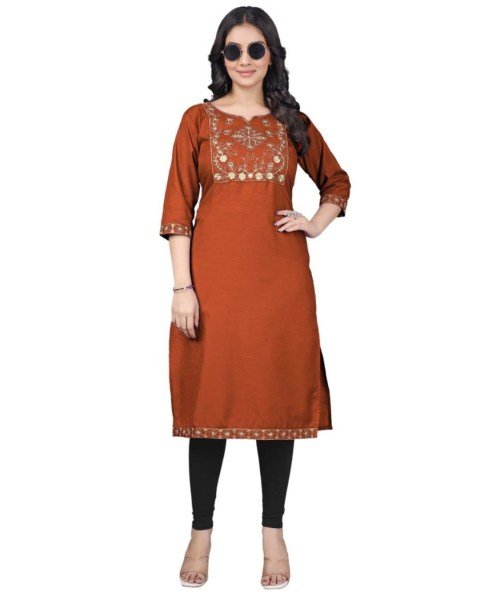 Affordable Designer Orange Tesla Cotton Kurti with Clean Embroidery Finish Embroidery Kurtis 
