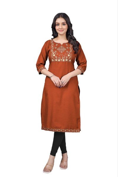 Affordable Designer Orange Tesla Cotton Kurti with Clean Embroidery Finish Embroidery Kurtis 