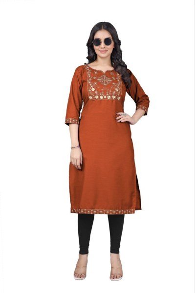 Affordable Designer Orange Tesla Cotton Kurti with Clean Embroidery Finish Embroidery Kurtis 