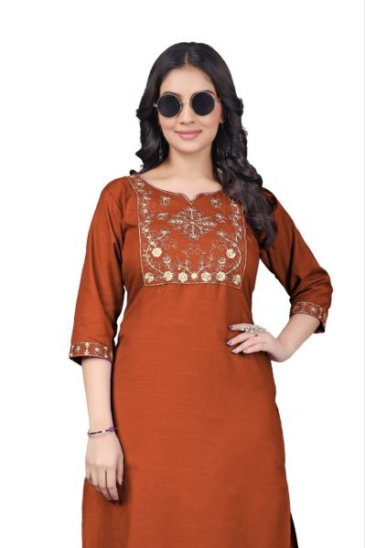 Affordable Designer Orange Tesla Cotton Kurti with Clean Embroidery Finish Embroidery Kurtis 