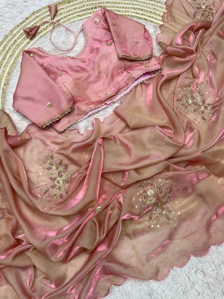 Affordable Dusty Rose Designer Fandy Satin Silk Saree with Khatli Embroidered Blouse 