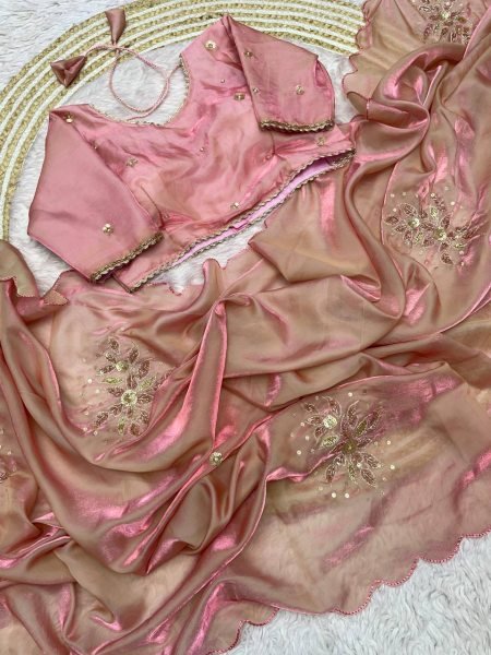 Affordable Dusty Rose Designer Fandy Satin Silk Saree with Khatli Embroidered Blouse Designer Wedding Sarees Wholesale