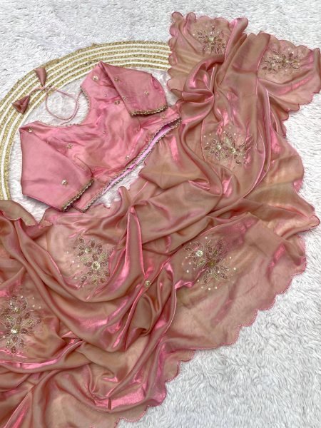 Affordable Dusty Rose Designer Fandy Satin Silk Saree with Khatli Embroidered Blouse Designer Wedding Sarees Wholesale
