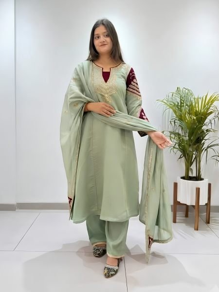 Affordable Green Chanderi Top Palazzo Dupatta Set with Cording Embroidery at Wholesal Rate 