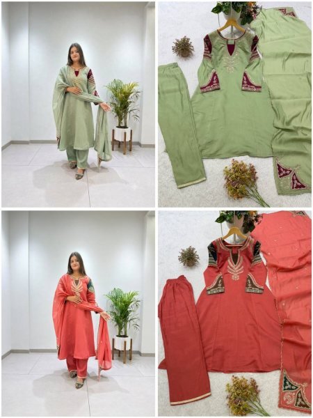 Affordable Green Chanderi Top Palazzo Dupatta Set with Cording Embroidery at Wholesal Rate Ready To Wear Collection