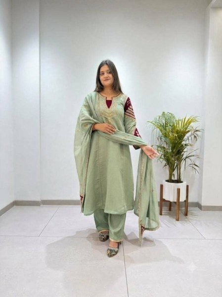 Affordable Green Chanderi Top Palazzo Dupatta Set with Cording Embroidery at Wholesal Rate Ready To Wear Collection