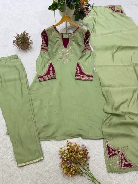 Affordable Green Chanderi Top Palazzo Dupatta Set with Cording Embroidery at Wholesal Rate Ready To Wear Collection