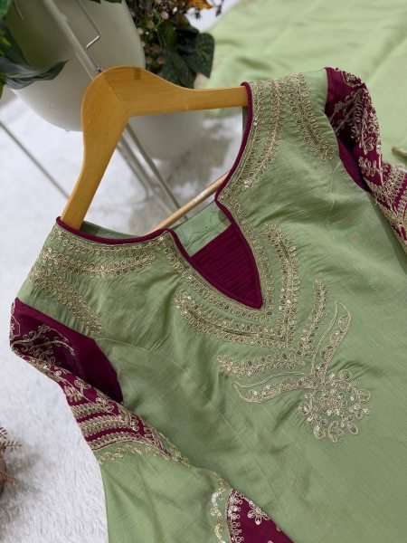 Affordable Green Chanderi Top Palazzo Dupatta Set with Cording Embroidery at Wholesal Rate Ready To Wear Collection