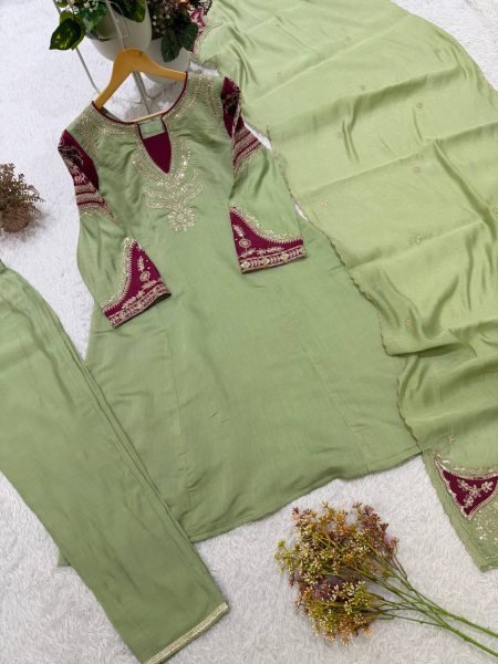 Affordable Green Chanderi Top Palazzo Dupatta Set with Cording Embroidery at Wholesal Rate Ready To Wear Collection