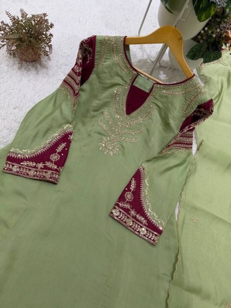 Affordable Green Chanderi Top Palazzo Dupatta Set with Cording Embroidery at Wholesal Rate Ready To Wear Collection