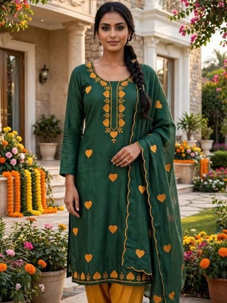 Affordable Green Parampara Silk Multi Work Kurti Pant Dupatta Set 