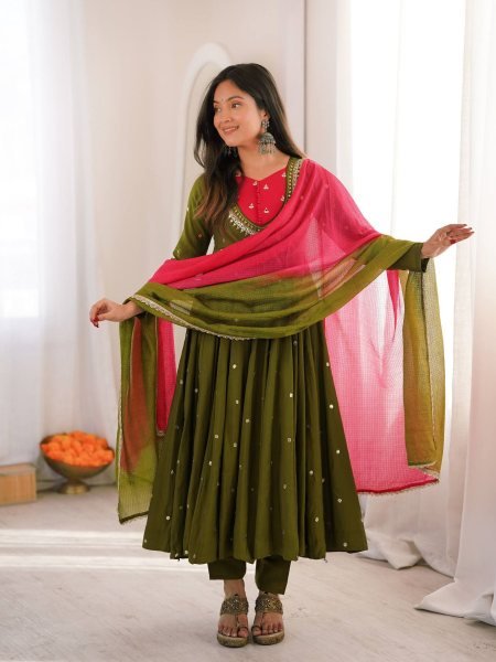 Affordable Green Roman Silk Festival Wear Anarkali Suit Set with Embroidered Sequence Work 