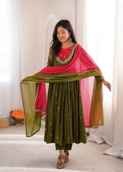 Affordable Green Roman Silk Festival Wear Anarkali Suit Set with Embroidered Sequence Work Ready To Wear Collection