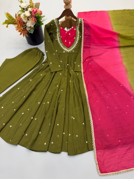 Affordable Green Roman Silk Festival Wear Anarkali Suit Set with Embroidered Sequence Work Ready To Wear Collection