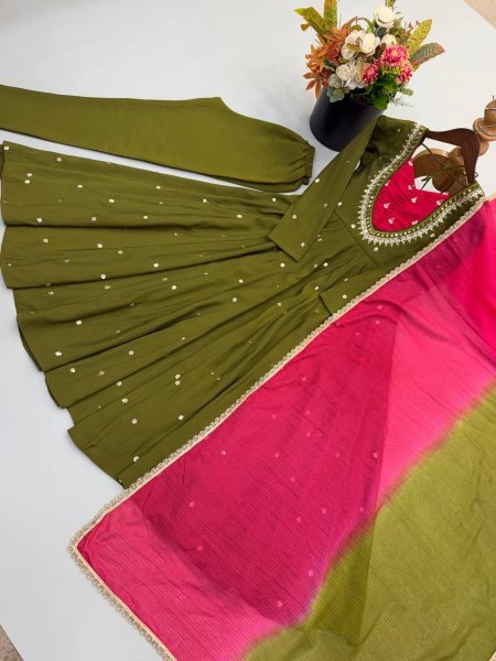 Affordable Green Roman Silk Festival Wear Anarkali Suit Set with Embroidered Sequence Work Ready To Wear Collection