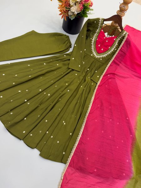 Affordable Green Roman Silk Festival Wear Anarkali Suit Set with Embroidered Sequence Work Ready To Wear Collection