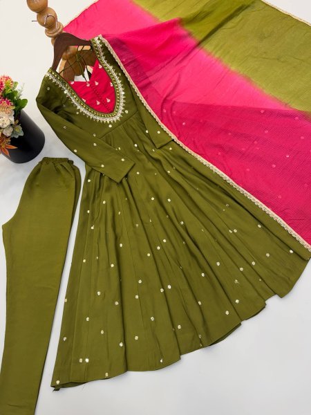 Affordable Green Roman Silk Festival Wear Anarkali Suit Set with Embroidered Sequence Work Ready To Wear Collection