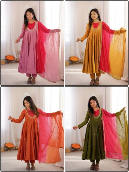 Affordable Green Roman Silk Festival Wear Anarkali Suit Set with Embroidered Sequence Work Ready To Wear Collection