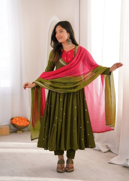Affordable Green Roman Silk Festival Wear Anarkali Suit Set with Embroidered Sequence Work Ready To Wear Collection
