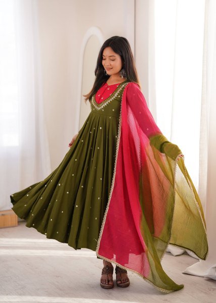 Affordable Green Roman Silk Festival Wear Anarkali Suit Set with Embroidered Sequence Work Ready To Wear Collection