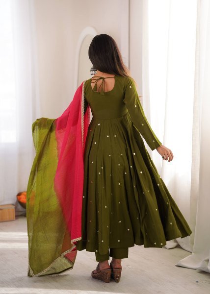 Affordable Green Roman Silk Festival Wear Anarkali Suit Set with Embroidered Sequence Work Ready To Wear Collection